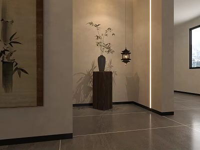 Traditional Chinese Entryway Hallway Interior With Bamboo Vase And Lantern Light And Decorative Painting 3d model