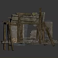 Ancient Wooden Grinding Tool With Rustic Stone Components And Worn Structure