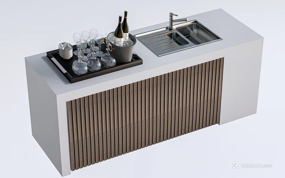 Modern Bar Counter With Ice Bucket Wine Bottles Wine Glasses Sink And Vertical Slat Panel 3d model 