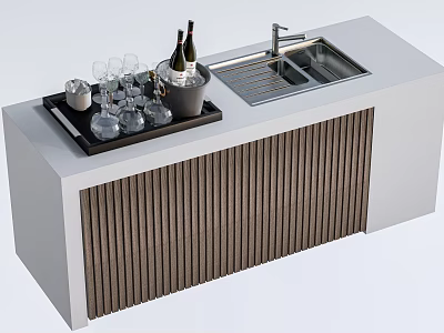 Modern Bar Counter With Ice Bucket Wine Bottles Wine Glasses Sink And Vertical Slat Panel 3d model