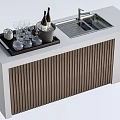 Modern Bar Counter With Ice Bucket Wine Bottles Wine Glasses Sink And Vertical Slat Panel