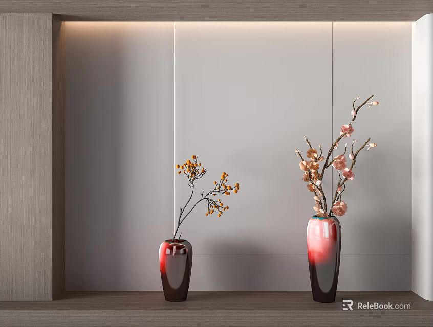 Red Ceramic Vases With Yellow Pink Flower Branches On Light Wooden Shelf Against Light Wall 3d model 