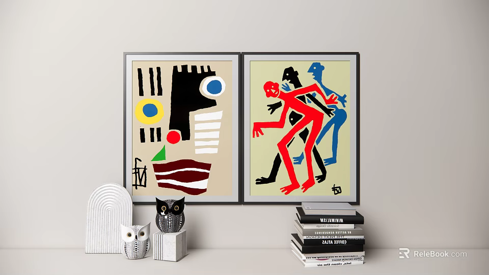 Abstract Wall Art Prints With Geometric Shapes Human Figures Owl Figurine And Book Stack 3d model