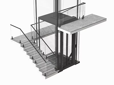 Modern Staircase with Glass Railing Concrete Steps Metal Structure and Elevator 3d model