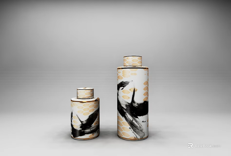 Minimalist Ceramic Ornament Set With Small Large Vases And Black Gold Bird Patterns 3d model 