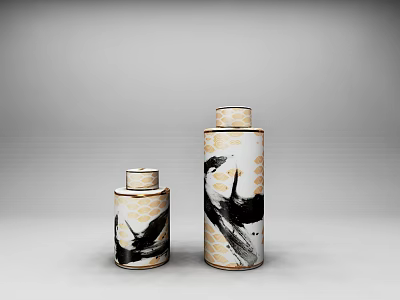 Minimalist Ceramic Ornament Set With Small Large Vases And Black Gold Bird Patterns 3d model