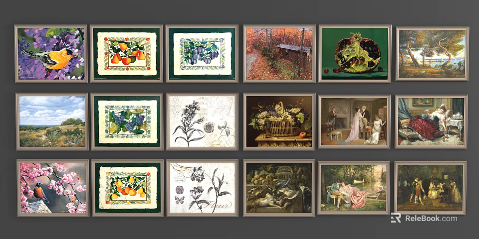 Framed Oil Paintings With Various Themes Including Fruits Flowers Landscapes And Figures Arranged 3d model 