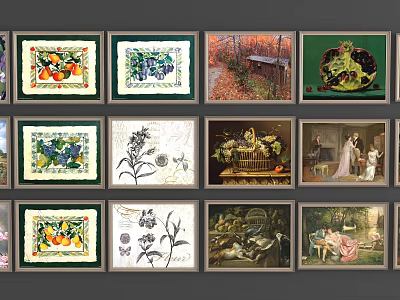 Framed Oil Paintings With Various Themes Including Fruits Flowers Landscapes And Figures Arranged 3d model
