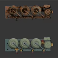Various Industrial Mechanical Pumps With Pipeline Connections And Different Colors