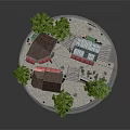 Cartoon Village Scene With Colorful Rooftops Trees Stone Path Stairs And Red Awnings