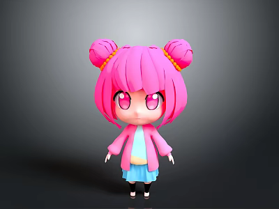 Cute Cartoon Girl With Pink Hair Double Buns Big Pink Eyes And Blue Dress 3d model