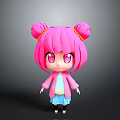 Cute Cartoon Girl With Pink Hair Double Buns Big Pink Eyes And Blue Dress
