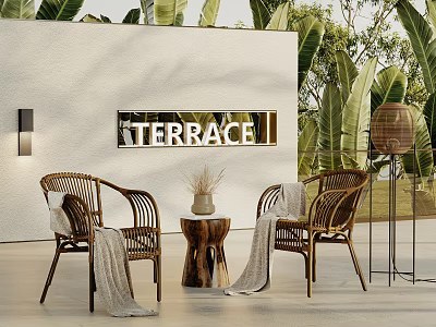 Outdoor Rattan Chairs with Blankets Small Wooden Table on Terrace Green Plants and Lantern Light 3d model