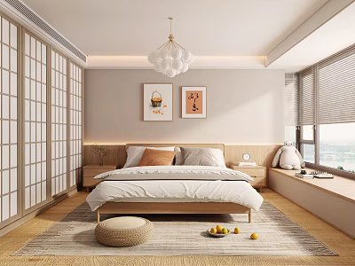 Japanese Minimalist Bedroom Interior With Shoji Doors Chandelier Artwork Rug And Window Seat 3d model