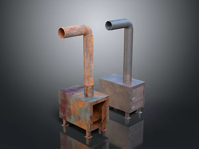 Rusted Industrial Metal Equipment With Vertical Pipes And Square Bases 3d model