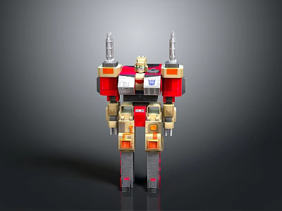 Red And Gold Mechanical Robot Figure With White Chest And Arm Cannons 3d model