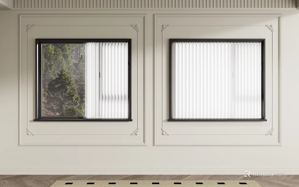 Casement Windows on White Walls with Black Frames Decorative Moldings Open Blinds and Trees Outside 3d model 
