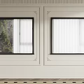 Casement Windows on White Walls with Black Frames Decorative Moldings Open Blinds and Trees Outside