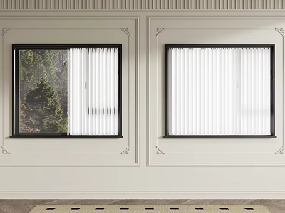 Casement Windows on White Walls with Black Frames Decorative Moldings Open Blinds and Trees Outside 3d model
