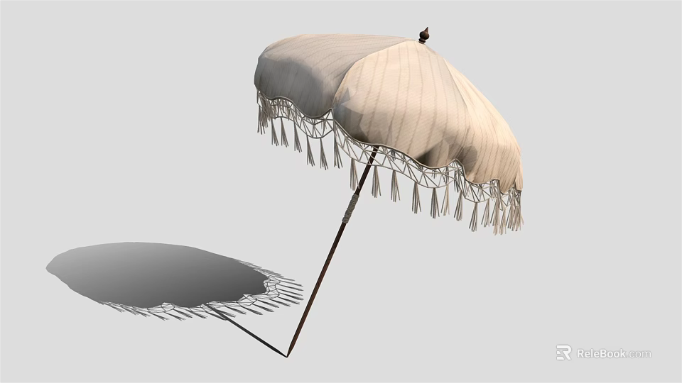 Elegant Fringed Light Colored Outdoor Furniture Umbrella With Decorative Canopy And Sturdy Handle 3d model 