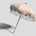 Elegant Fringed Light Colored Outdoor Furniture Umbrella With Decorative Canopy And Sturdy Handle