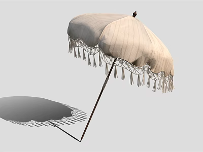 Elegant Fringed Light Colored Outdoor Furniture Umbrella With Decorative Canopy And Sturdy Handle 3d model