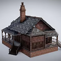 Cartoon Scene Charming Brick House With Wooden Frame Chimney Porch And Stairs