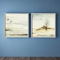 Two Silver Framed Abstract Paintings With Gray White Lines On Blue Wall 3d model