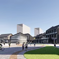 Modern Commercial Street Featuring Contemporary Buildings Waterfront Promenade And Pedestrians Walking Under Blue Sky