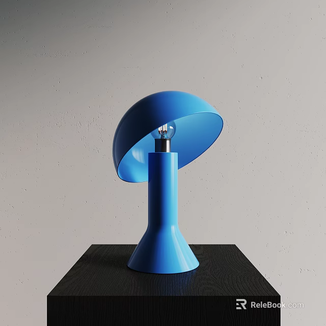 Blue Table Lamp with Umbrella Shaped Shade Cylindrical Base on Black Table Grey Wall 3d model