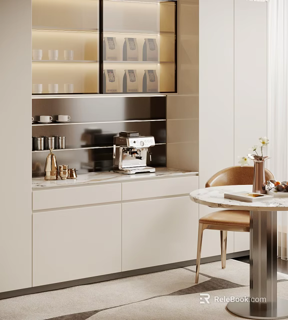 Modern White Sideboard With Open Shelves Coffee Machine And Dining Table 3d model