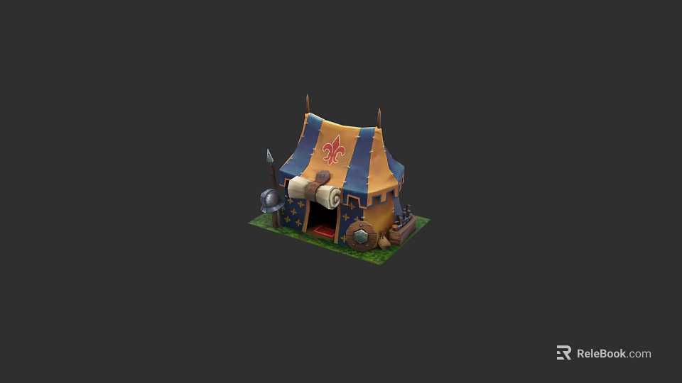 Garden Landscape With Decorative Tent Blue Yellow Stripes Red Emblem Green Grass Scroll And Drum 3d model 