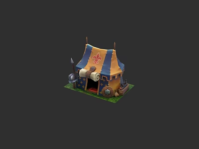 Garden Landscape With Decorative Tent Blue Yellow Stripes Red Emblem Green Grass Scroll And Drum 3d model