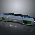 SPACETRON Head Mounted Device With Green Lenses Gray Body Black Strap And Camera