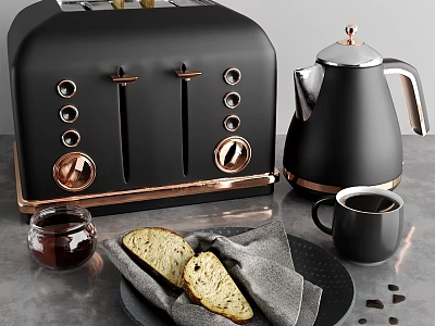 Stylish Black Toaster Kettle With Coffee Cup Bread Slices On Modern Kitchen Countertop 3d model