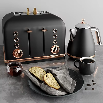 Stylish Black Toaster Kettle With Coffee Cup Bread Slices On Modern Kitchen Countertop 3d model