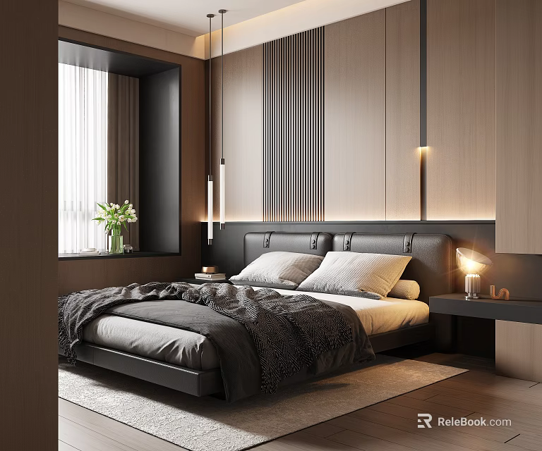 Modern Bedroom Interior Design With Wooden Panel Wall Vertical Stripes And Leather Headboard Gray Bedding 3d model 