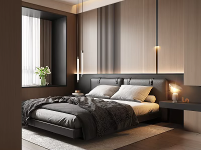 Modern Bedroom Interior Design With Wooden Panel Wall Vertical Stripes And Leather Headboard Gray Bedding 3d model