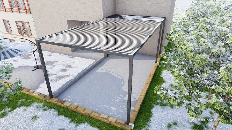 Detached Villa Outdoor Patio With Glass Canopy And Metal Frame Surrounded By Grass And Trees 3d model 