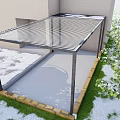 Detached Villa Outdoor Patio With Glass Canopy And Metal Frame Surrounded By Grass And Trees