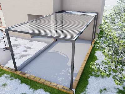 Detached Villa Outdoor Patio With Glass Canopy And Metal Frame Surrounded By Grass And Trees 3d model