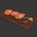 Salmon Sushi Pieces On Wooden Tray With Soy Sauce Bowl And Green Garnish