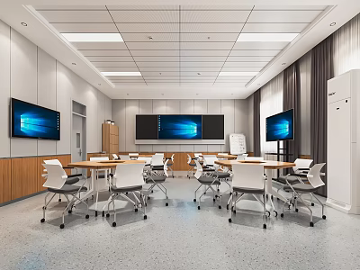 Modern School Multipurpose Classroom Interior With Tables Chairs Large Screens And Wooden Panels 3d model