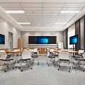Modern School Multipurpose Classroom Interior With Tables Chairs Large Screens And Wooden Panels