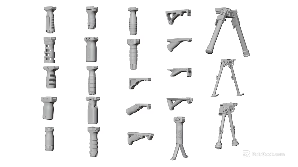 Diverse Range of Weapon Tactical Components Including Grips Bipods Handles and Mounts 3d model 