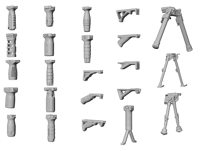 Diverse Range of Weapon Tactical Components Including Grips Bipods Handles and Mounts 3d model