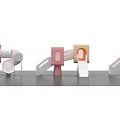Kids Playground With Colorful Pastel Pink Beige White Play Structures Slide Net Windows