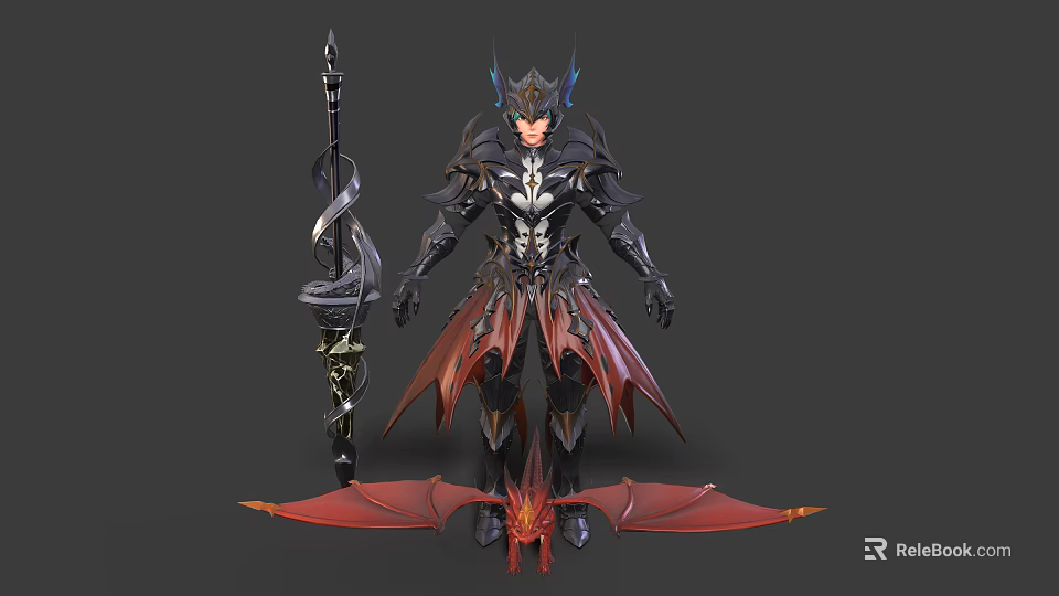 Armored Character with Blue Glowing Horned Helmet and Spear and Red Winged Dragon 3d model 