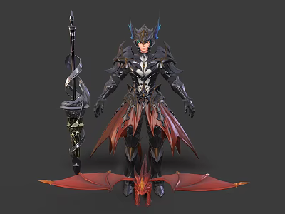 Armored Character with Blue Glowing Horned Helmet and Spear and Red Winged Dragon 3d model