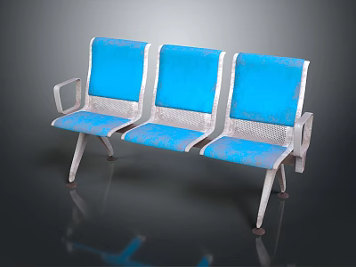 Three Seat Public Chair With Blue Cushions And Silver Metal Armrests 3d model